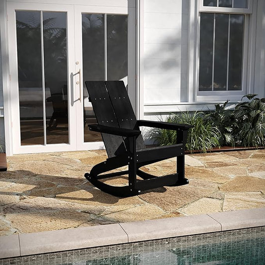 Taylor & Logan Finn Modern All-Weather 2-Slat Poly Resin Wood Rocking Adirondack Chair with Rust Resistant Stainless Steel Hardware in Black