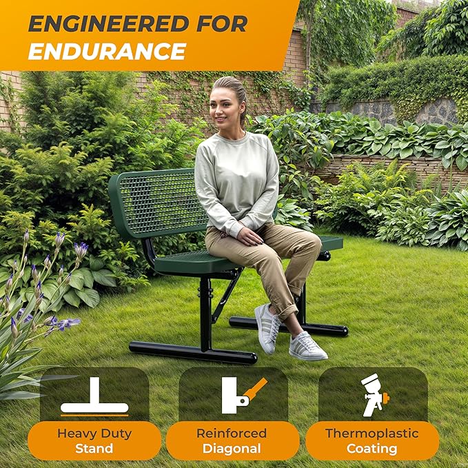 Heavy-Duty Outdoor Metal Bench, Thermoplastic-Coated, Portable, Weatherproof, Commercial-Grade for Parks, Gardens, Patios, Stores & More (4 Ft - Portable with Back, Green)