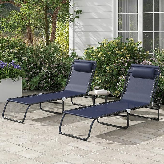 Outsunny Folding Chaise Lounge Chair Set of 2, Patio Sun Tanning Chair, Outdoor Chaise Lounger with 4-Position Reclining Back, Breathable Mesh Seat for Beach, Poolside, Dark Blue