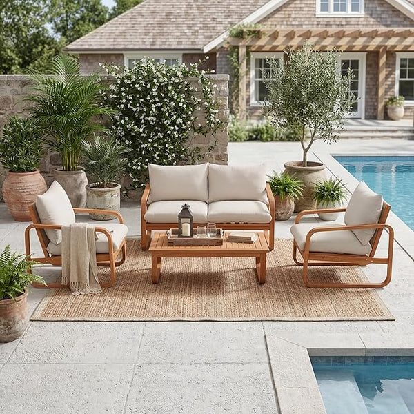 Merax Outdoor 4-Piece Acacia Wood Conversation Set - Patio 2-Seat Loveseat Sofa w/Coushion - Photo 1