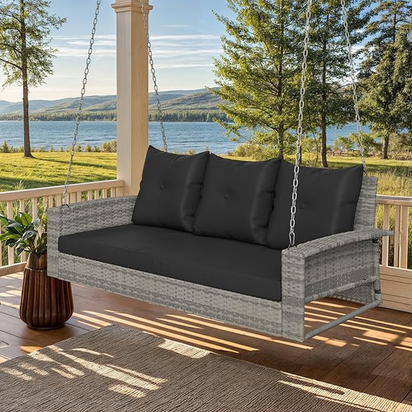 YITAHOME 3-Seats Outdoor Hanging Porch Swing Chair Rattan Black Wicker Patio Swing Chair with Swing Lounge 3 Black Back - Photo 1