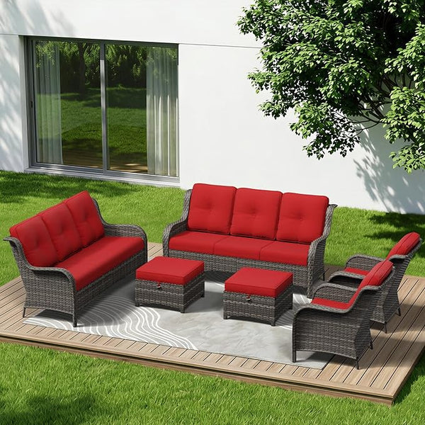 6 Piece Outdoor Wicker Patio Furniture Set, Patio Chairs Set with Thickened Olefin Cushions, High Back and Deep Seating - Photo 1