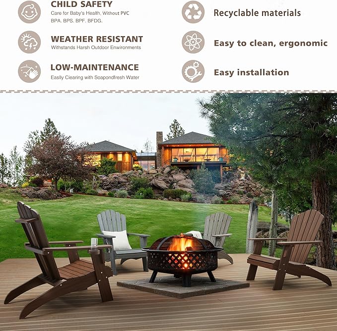 Psilvam Oversized Adirondack Chair, Fade-Resistant & Odor-Free Poly Lumber Fire Pit Chair with Cup Holder, Weatherproof Lawn Chair, Easy 15 Min Install Patio Chair, 350 Lbs Support (4, Light Brown)