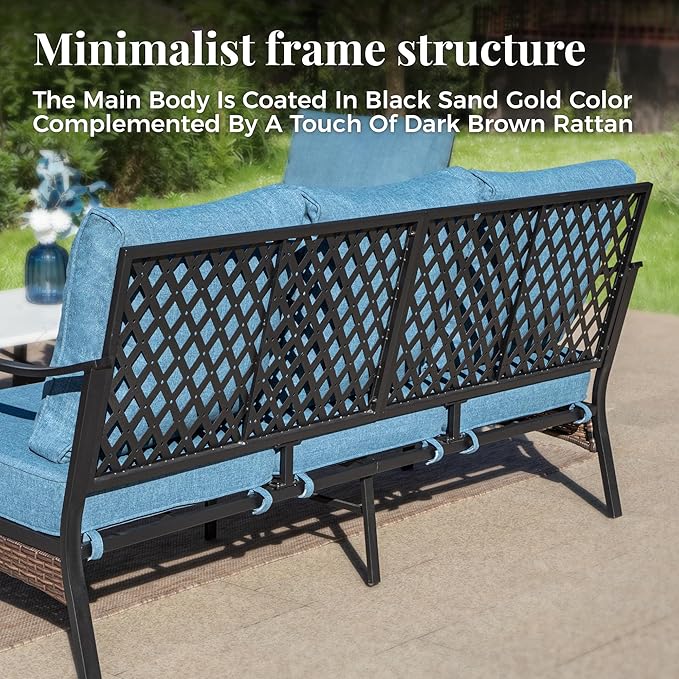 Patio Furniture Sofa, 3-Seat Patio Sofa Steel Frame Outdoor Sectional Couch with Deep Seating and 5.75” Cushions for Lawn Backyard Porch Deck, Navy Blue