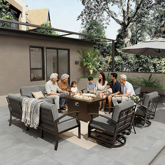 Gotland Outdoor Aluminum Patio Furniture Set with Fire Pit Table, 7 Pieces Metal Patio Furniture with 2 Swivel Rocking Chairs 11 Seats Waterproof 5.1'' Seat Cushions, for Garden Balcony Porch Gray