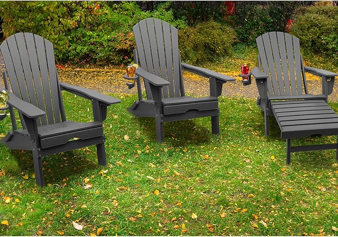 FUNBERRY Adjustable Folding Adirondack Chairs Set of 2 with Retractable Ottoman, All Weather Fire Pit Chairs with Cup Holder