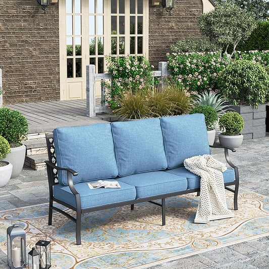 HERA'S HOUSE Patio Furniture Sofa, All-Weather Outdoor 3 Seats Couch, Outdoor Patio Couch with Deep Seating and Olefin Cushions for Lawn Garden Backyard, Navy Blue