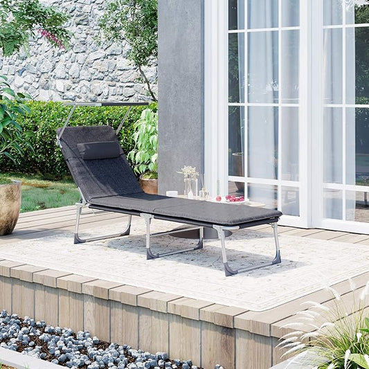 SONGMICS Sun Lounger, Patio Chaise Lounge Chair, Folding, with Canopy, Cushion, 76 x 20.9 x 11.4 Inches, Holds 330 lb, Headrest, Adjustable Backrest, Outdoor Garden Pool, Dark Gray UGCB19UMV1