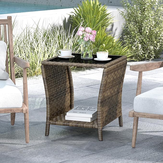 Outdoor Wicker Side Table Rattan Side Tables End Table for Patio with Glass Top Rattan Storage for Patio Garden Balcony