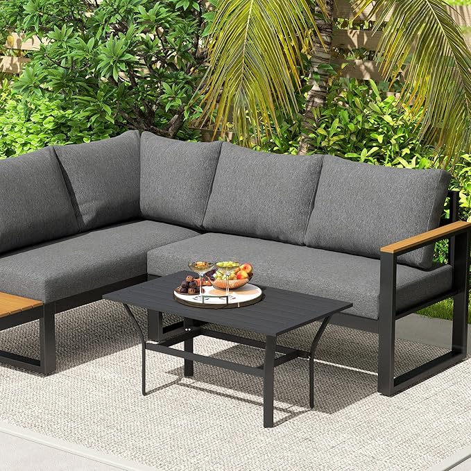 Outsunny Outdoor Coffee Table, All-Weather Rectangle Metal Patio Coffee Table with Slatted Tabletop for Outside, Patio, Garden, Balcony, Backyard, Black