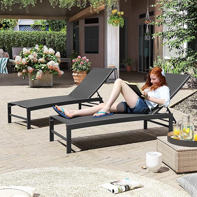 Crestlive Products Lounge Chair Outdoor Set of 2, Aluminum Pool Chaise Lounge Chairs, Adjustable Five-Position Tanning Recliner, All Weather for Patio, Beach, Yard, Pool (Black)