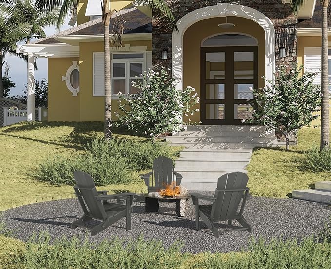 Folding Adirondack Chairs - Plastic Adirondack Chairs with Cup Holder, Weather Resistant for Outdoor, Patio, Lawn, Garden, Backyard Deck, Fire Pit - Dark Gray