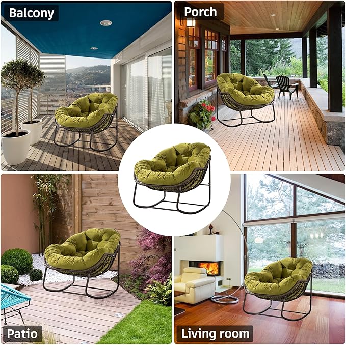 Large Indoor Outdoor Rocking Chair, Oversized Rocking Papasan Chair with Thick Cushion and Frame Outdoor Rocker, Comfy Wicker Egg Chairs Lounge for Outside Porch Patio Backyard (Olive Green, Set of 2)