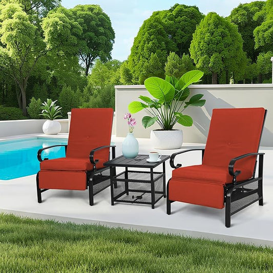 Incbruce 3 Pieces Outdoor Lounge Recliner Set, 2 Adjustable Metal Recliner Sofa Chair and Umbrella Stand Side Square Table Suitable for Garden, Pool, Yard (Red)