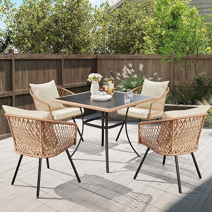 ECOTOUGE 35.2" Square Patio Table, Outdoor Wicker Dining Desk with Tempered Glass Top for 4-5 Persons, Bistro Rattan Furniture Garden Table for Balcony, Backyard, and Sunroom - Black Metal Steel Slat