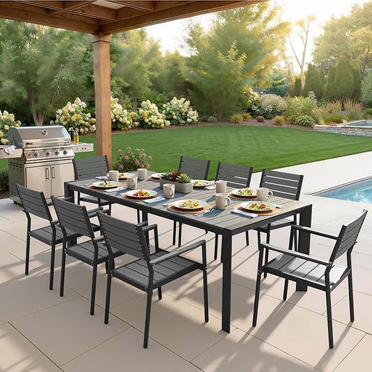 Crestlive Outdoor Dining Table for 8, Patio Table with Umbrella Hole, Aluminum Frame & WPC Wood-Like Tabletop, Ideal for Garden, Backyard, and Indoor