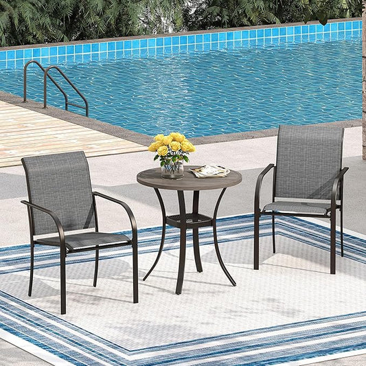 VICLLAX Small Patio Dining Table for 2, Round Metal Slatted Tabletop with Storage Shelf for Front Porch Lawn Garden, Antique Grey Tabletop(No Umbrella Hole)