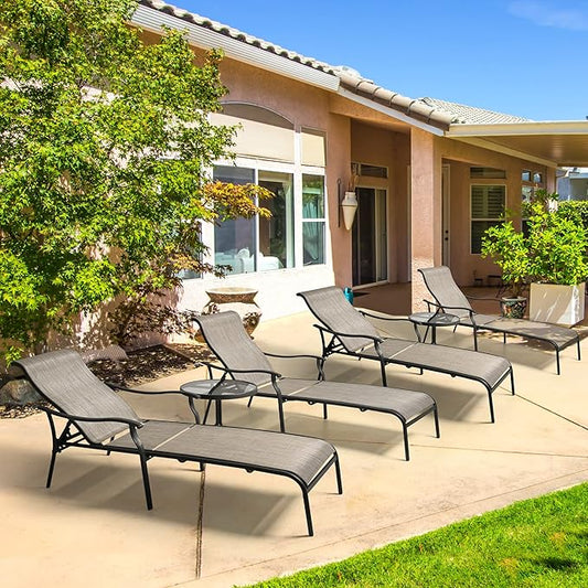 HAPPATIO Patio Chaise Lounge Set 6 Pieces,Patio Lounge Chair with Glass Coffee Table,Pool Lounge Chair with Breathable Textilene Fabric,Patio Chaise Lounge (Gray)