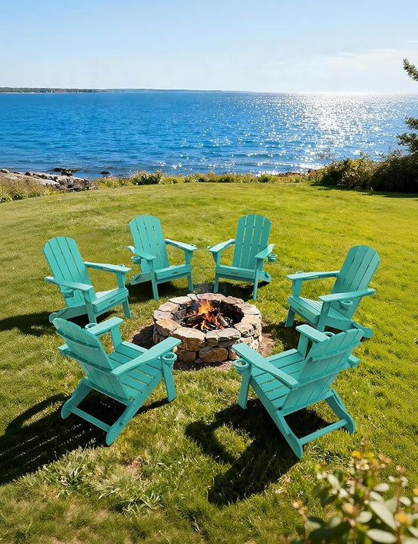 Folding Adirondack Chair Set of 6, Wooden Textured Plastic Adirondack Chairs with 2 Cup Holder - Photo 1