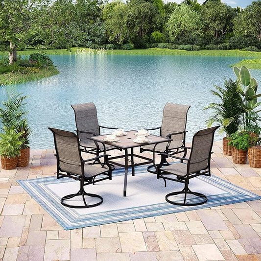 Outdoor Patio Square Dining Table, 37"x 37" Wood-Like Tabletop with Adjustable Umbrella Hole and Faux Wood Tabletop, All Weather Wrought Iron Black Outdoor Table for Deck Lawn Backyard