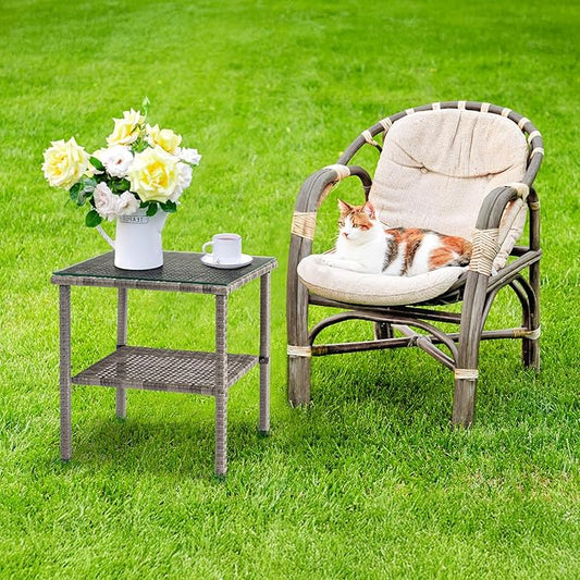 VINGLI Outdoor Wicker Side Table Patio Side Tables for Outside, Tempered Glass Top Wicker Table with Storage End Table for Patio Balcony Porch Deck (Grey)
