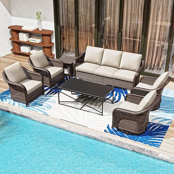 7 Pieces Patio Conversation Set, 78" Wicker 3-Seat Couch with Washable Cushions, 2 Glider Swivel Rocker Chairs - Photo 1