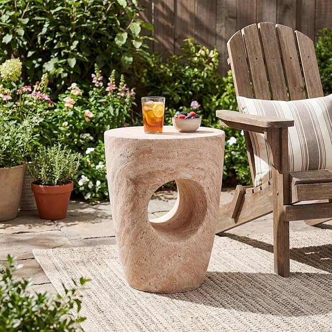 Christopher Knight Home Aria 18.5" H Outdoor Side Table, Round End Table with Hollow Design, Small Accent Table for Indoor/Outdoor, Minimalist Coffee Table for Patio Balcony, Beige+Natural