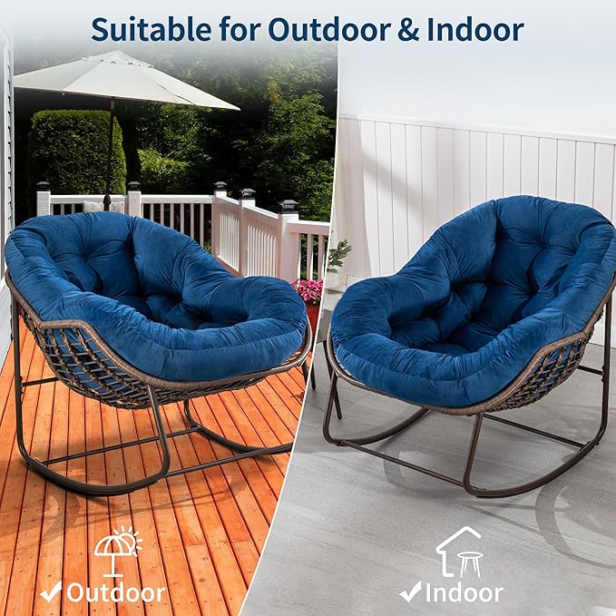HOMEFUN Outdoor Patio Rocking Chairs, Oversized Papasan Rock Chair Indoor with Velvet Padded Cushion - Rocker Egg for Front Porch, Garden, Backyard Navy
