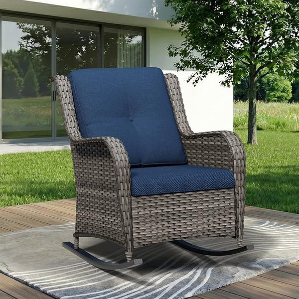 Outdoor Rocking Chair, Wicker Patio Chair with Thickened Olefin Cushions, High Back and Deep Seating - Photo 1