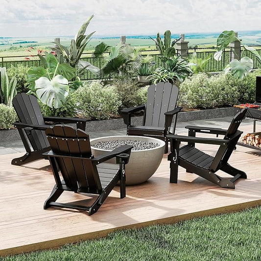 Domi Folding Adirondack Chairs Set of 4, HDPE All-Weather Outdoor Chairs with Cup Holder, Wooden Textured Fire Pit Chairs for Backyard, Patio, Poolside & Deck, Black
