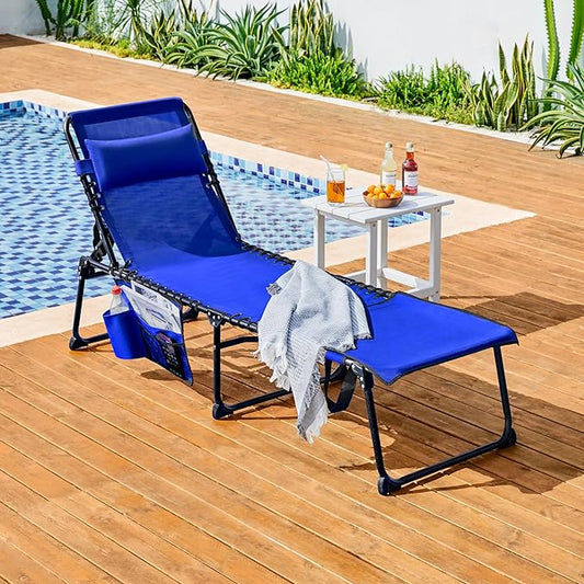 Yaheetech 22.4" Tanning Chair with Face Hole, Adjustable 5-Position Folding Chaise Lounge Chairs, Outdoor Lounge Chairs for Lawn, Beach, Sunbathing, Blue