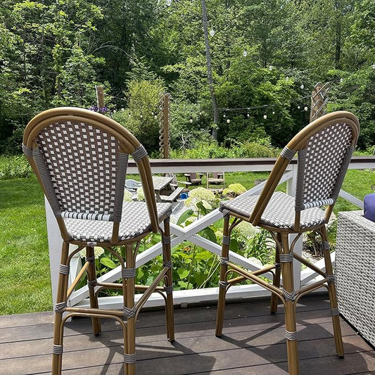 PURPLE LEAF French Counter Height Bar Stool Set of 4 25" Bamboo Print Finish Patio Bar Chairs with Back Rattan Bar Chairs French Bistro Set for Kitchen Outdoor Counter Stool Grey