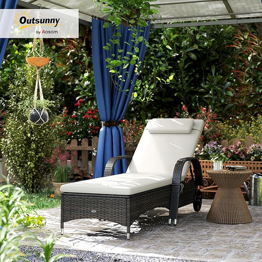 Outsunny Wicker Outdoor Chaise Lounge, 5-Level Adjustable Backrest PE Rattan Pool Lounge Chair with Wheels, Cushion & Headrest, Deep Coffee and Cream White