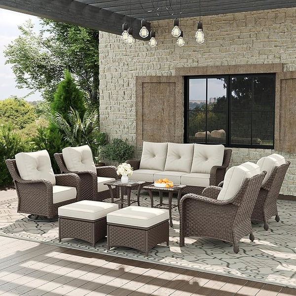 9 Piece Patio Furniture Set, All-Weather Wicker Outdoor Conversation Set with Swivel Rocking Chair and 6 Inch Thick - Photo 1