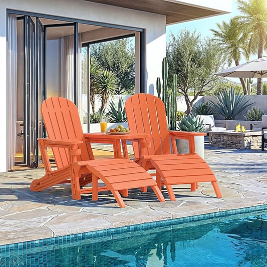 Vongrasig Adirondack Chairs Set of 2 with Removable Tabletop and Footrest, All-Weather HDPE Outdoor Chair Set with Wooden Textured, Cup Holder for Patio, Poolside, Deck, Garden, Orange