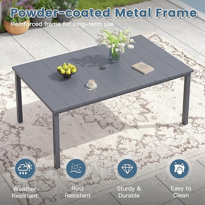DIFY 63" Rectangle Outdoor Dining Table for 6, Slatted Metal Patio Table with Adjustable Umbrella Hole, All-Weather Patio Dining Table for Garden Backyard Deck, Grey Tabletop