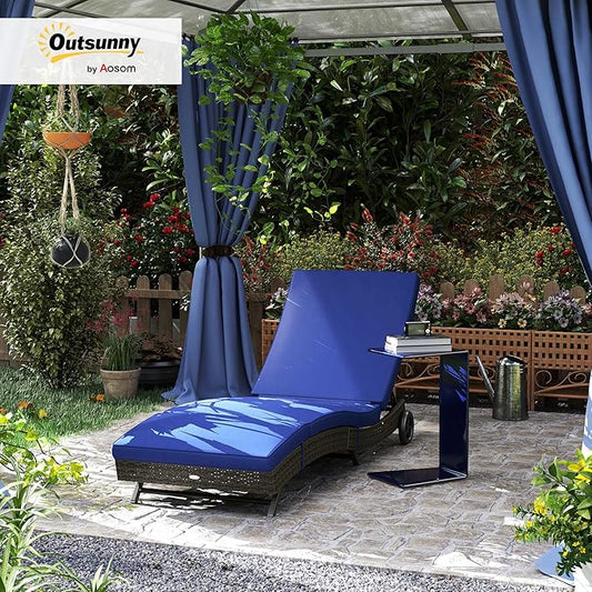 Outsunny Wicker Chaise Lounge Chair Outdoor with Wheels & Cushion, PE Rattan Patio Lounge Chair with 5-Level Adjustable Backrest for Poolside, Garden, Dark Blue