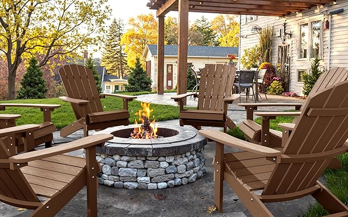 YEFU Plastic Adirondack Chairs Set of 2: Weather Resistant HIPS Composite Adirondack Chair for Outdoor Use - Oversized Backrest Fire Pit Chairs for Adults Outside Relaxation Leisure Party (Teak)
