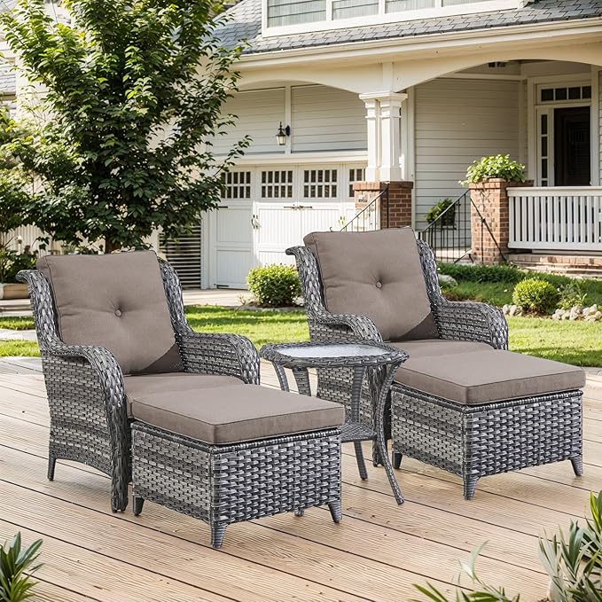 Belord Patio Chairs Outdoor Furniture Set, 3 Peices Porch Wicker Furniture with Side Table, Deep Seating Patio Bistro Chair Sets (Grey Cushion)