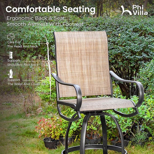 PHI VILLA 5 Piece Outdoor Bar Set, Counter Height Patio Bar Table and Chairs with 26.8" Swivel Bar Stools Brown & Rectangle Bar Table for Garden, Terrace, Yard and Deck