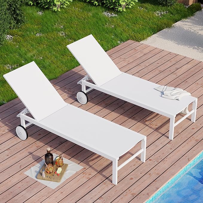 JAMFLY 2pcs Patio Outdoor Chaise Lounge Chair with Wheels for Outside Aluminum Adjustable Angle Lounge Chair Set