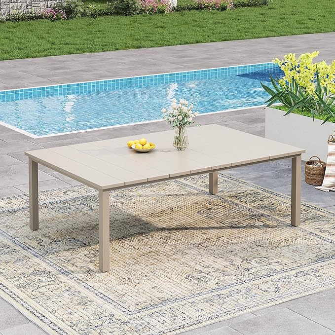 VICLLAX Outdoor Patio Dining Table for 6, 63" Rectangle Dining Table with Umbrella Hole for Porch, Backyard, Garden, Deck, Sandshell