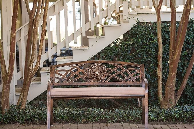 Leigh Country Texas State Seal Metal Bench, Outdoor Decorative Patio Seating for Porch/Deck