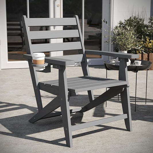 Flash Furniture Tolleson Adirondack Dining Chair with Cup Holder, Commercial Weather Resistant Recycled HDPE Adirondack Chair, Fold Out Cupholder, Gray