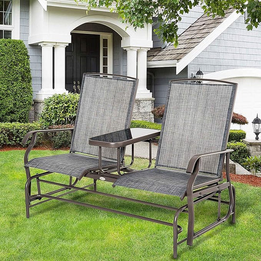 GOWE Outdoor Glider Bench with Center Table, Metal Frame Patio Loveseat with Breathable Mesh Fabric and Armrests for Backyard Garden Porch, Gray