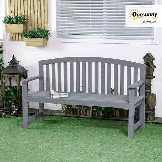 Outsunny 56" Outdoor Wood Bench, 2-Seater Garden Bench with Backrest and Armrest, Patio Bench for Patio, Porch, Poolside, Balcony, Gray