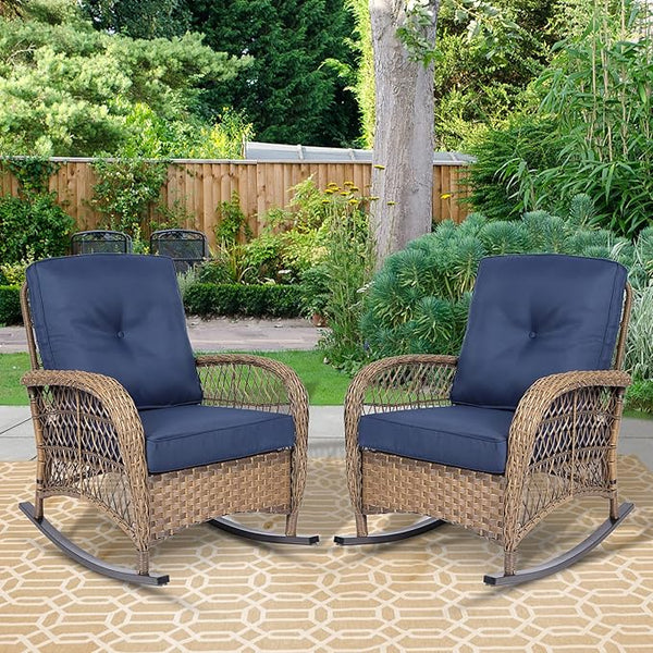 Outdoor Wicker Rocking Chair with Thickened Cushions, All-Weather Rattan Patio Rocking Chairs - Photo 1