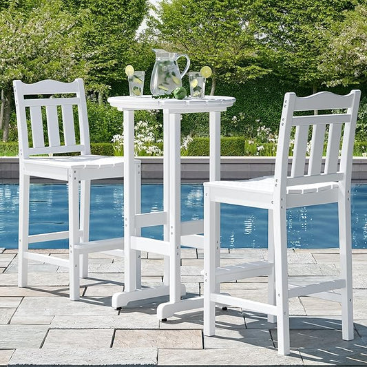 nalone Outdoor Bar Chairs and Table Set, HDPE Balcony Adirondack Chairs and Table 3 Pieces Set, Outdoor Bar Stools Set for Garden, Yard, Backyard (White, Bar Chairs with Table)