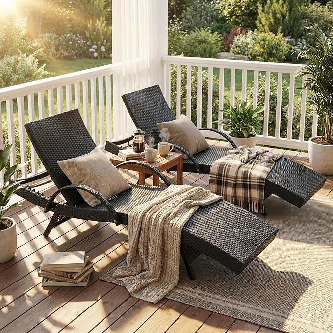 OVENTA Outdoor Wicker Patio Chaise Lounge Chair Set of 6, Black Rattan Pool Furniture Lounger for Outside Poolside Lounges, Jumbo Co Chaise Lounge Chairs, Wicker Patio Pool Furniture