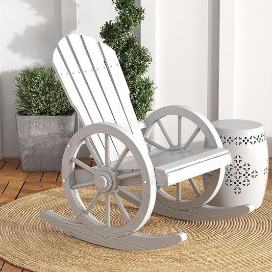 Outsunny Wooden Rocking Chair, Adirondack Rocker with Slatted Design and Oversized Back, Outdoor Rocking Chair with Wagon Wheel Armrest for Porch, Poolside, and Garden, White